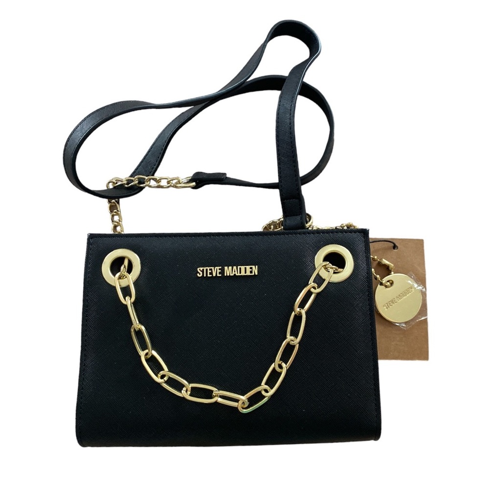 Steve Madden Black crossbody wallet bag with straps and gold chain accent